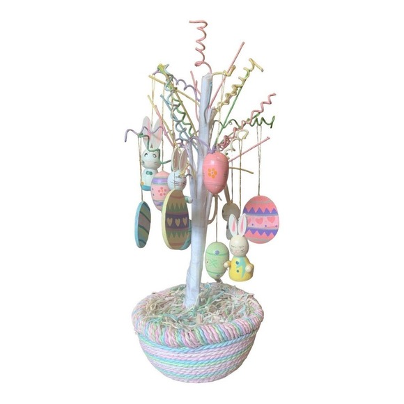 Vintage Easter Tree Colorful Wire Branches w/ 12 Original Wooden Ornaments 12" - Picture 2 of 7